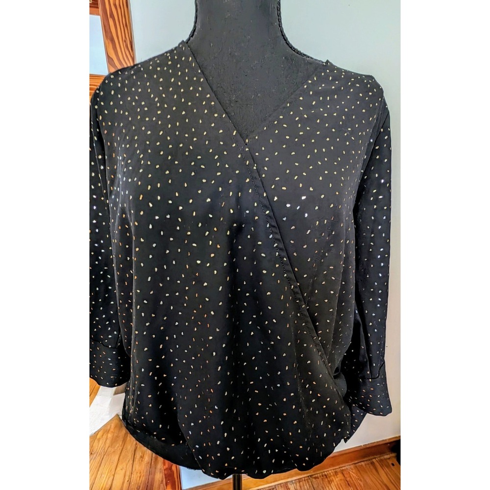 West Kei Black Long Sleeve Blouse Women's V-Neck Top Shirt Gold Specks Size XS